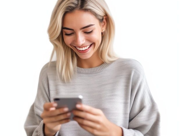 Mulheres jovens felizes segurando seu celular e olhando para o fundo branco da tela do telefone _ imagem Premium gerada com IA